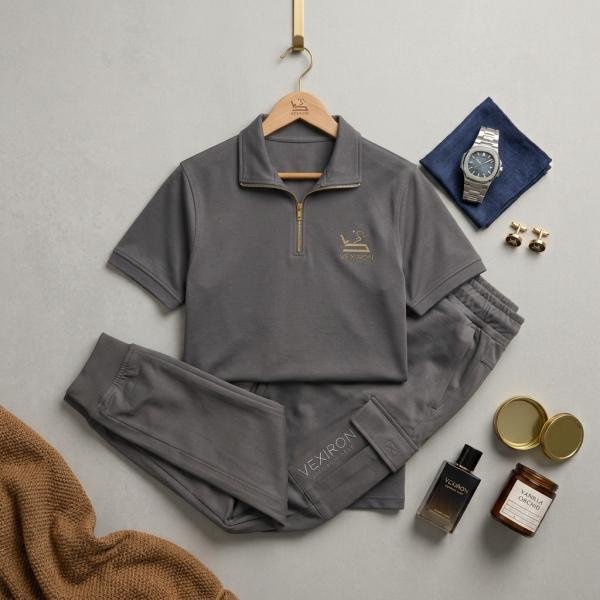 Premium Men's Navy & Khaki Athletic Polo Tracksuit Set - Small to XX-L